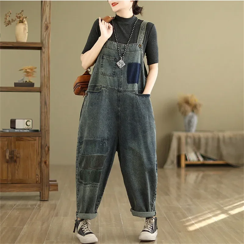 Jeans vintage da donna autunno stampa ampia patchwork versatile tuta in denim lavato tuta streetwear oversize a gamba dritta