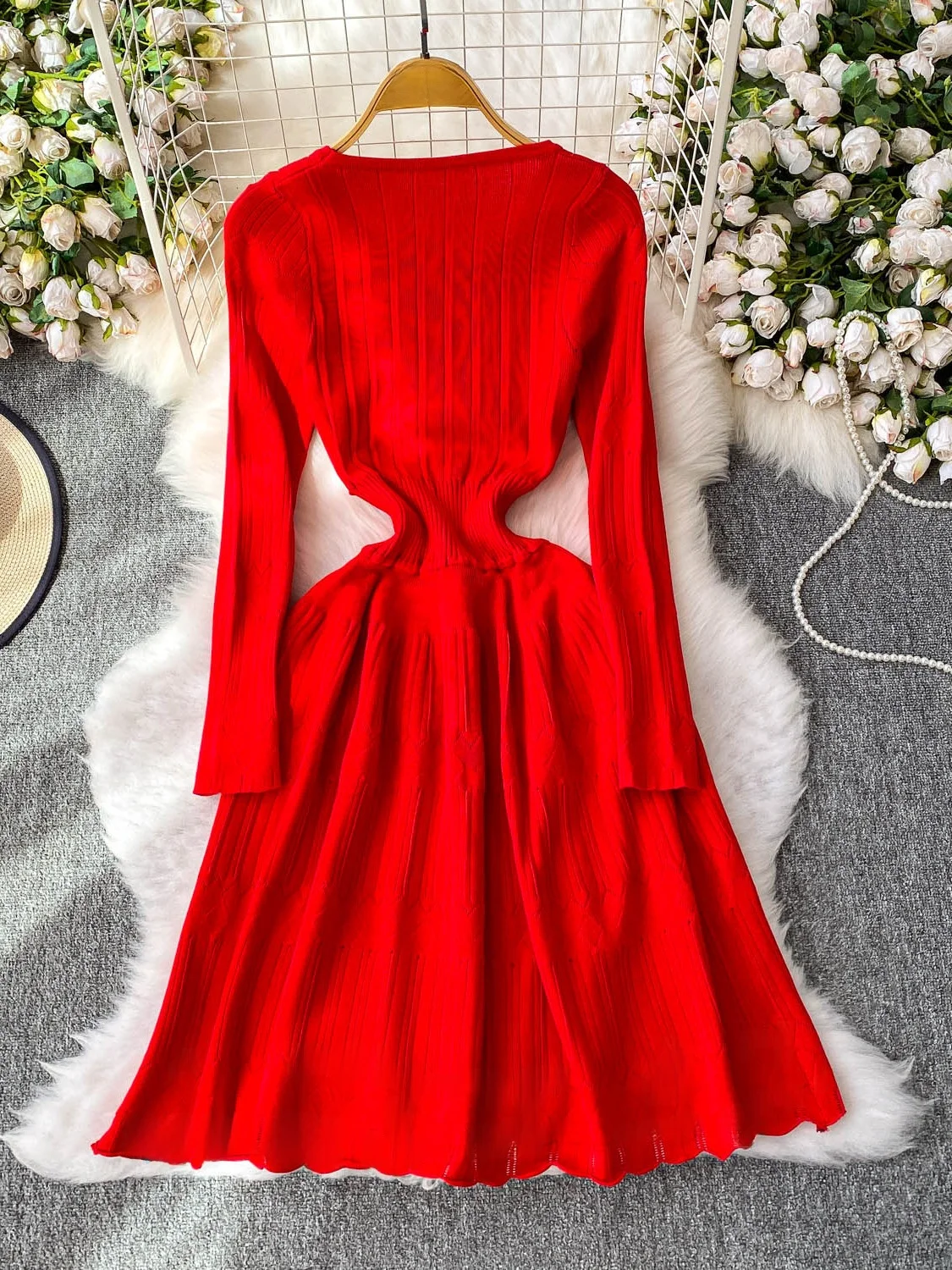 Vestido de Suéter de Malha de Manga Longa com Decote Redondo Rosa para Mulheres, Vestido de Camada Base com Cintura Psada ...