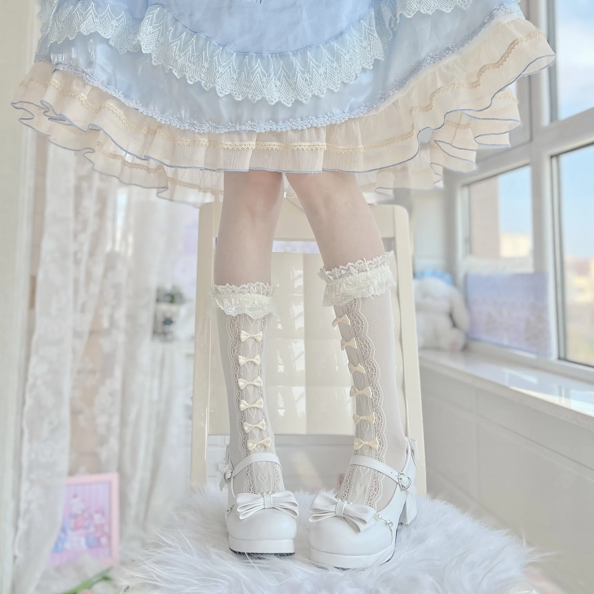 

Spring Summer Lolita Lace Socks Women Cute Japanese JK Ruffle Middle Tube Socks Bowknot Calf Socks