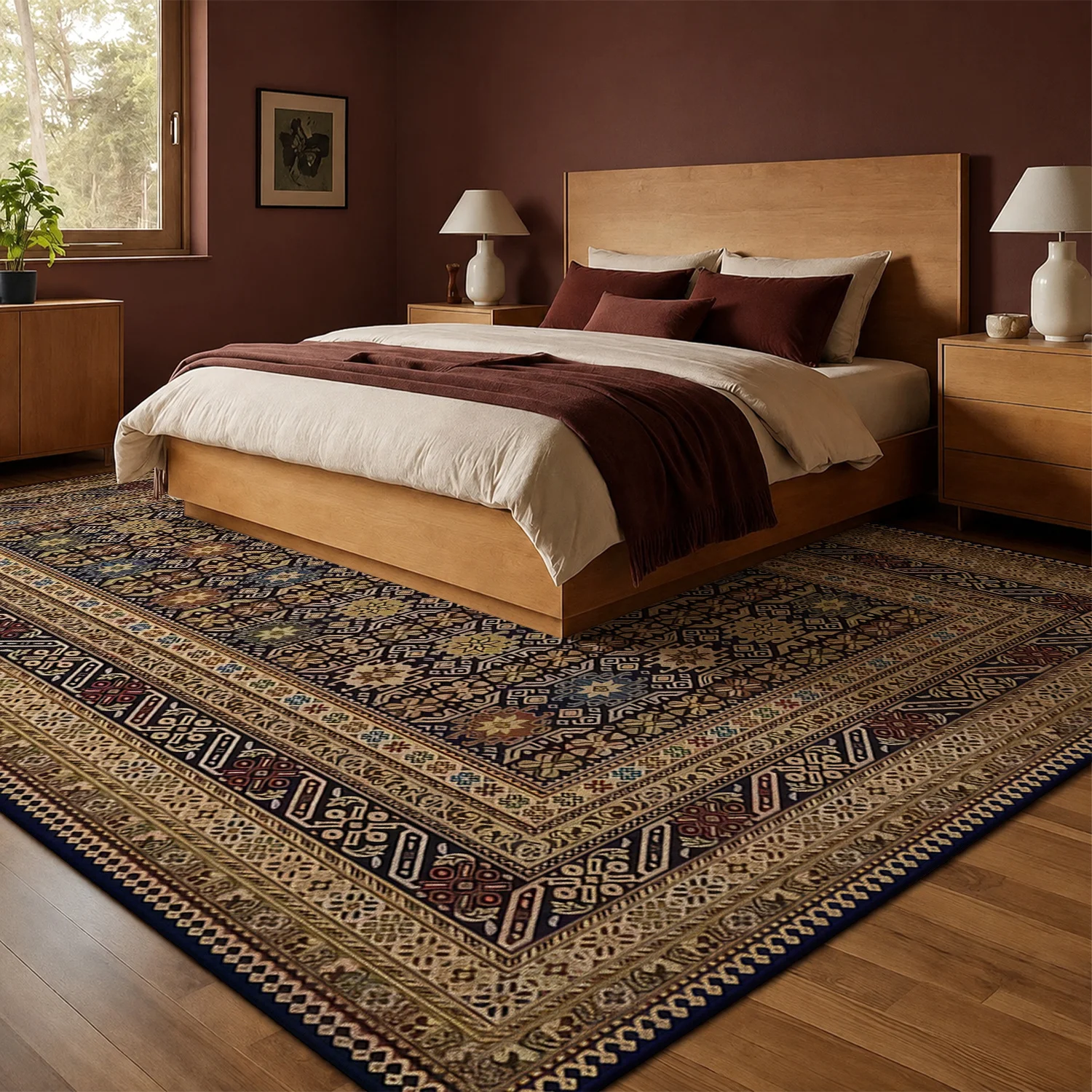 Large Indoor Area Rug Soft Velvet Low Pile Non-slip Dotted Backing Machine Washable Traditional Geometric Star Motif Warm Multi-Color Vintage Rug for Living Room Bedroom Entryway