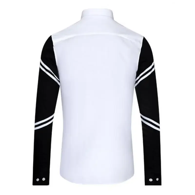 New White Mens Shirts Luxury Long Sleeve Rib Splicing Design Casual Mens Dress Shirts Fashion Slim Fit Party Man Shirts 3XL