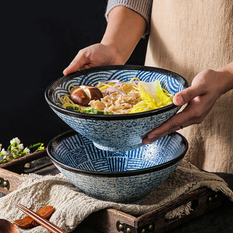 Japanese Modern Ceramic Fruit Salad Bowl Retro Blue and White Texture Lamian Noodles Bowls Stripes Restaurant Hotel Tableware