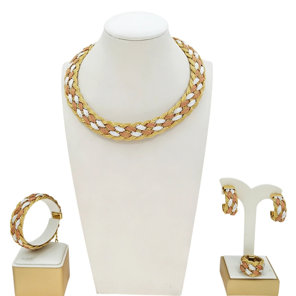 African Brazil Gold Plated Jewelry Set Braided Multi‑Color Choker Necklace Bracelet Earring Ring Ladies Wedding Daily Ornament