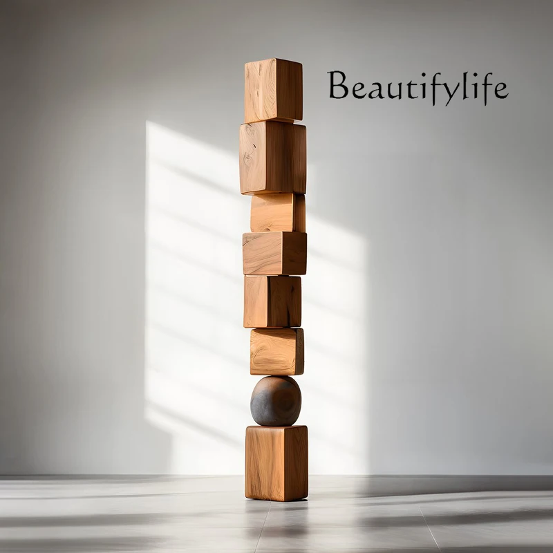 Solid wood sculpture artwork geometric columns vertical height floor ornaments exhibition hall entrance soft decoration