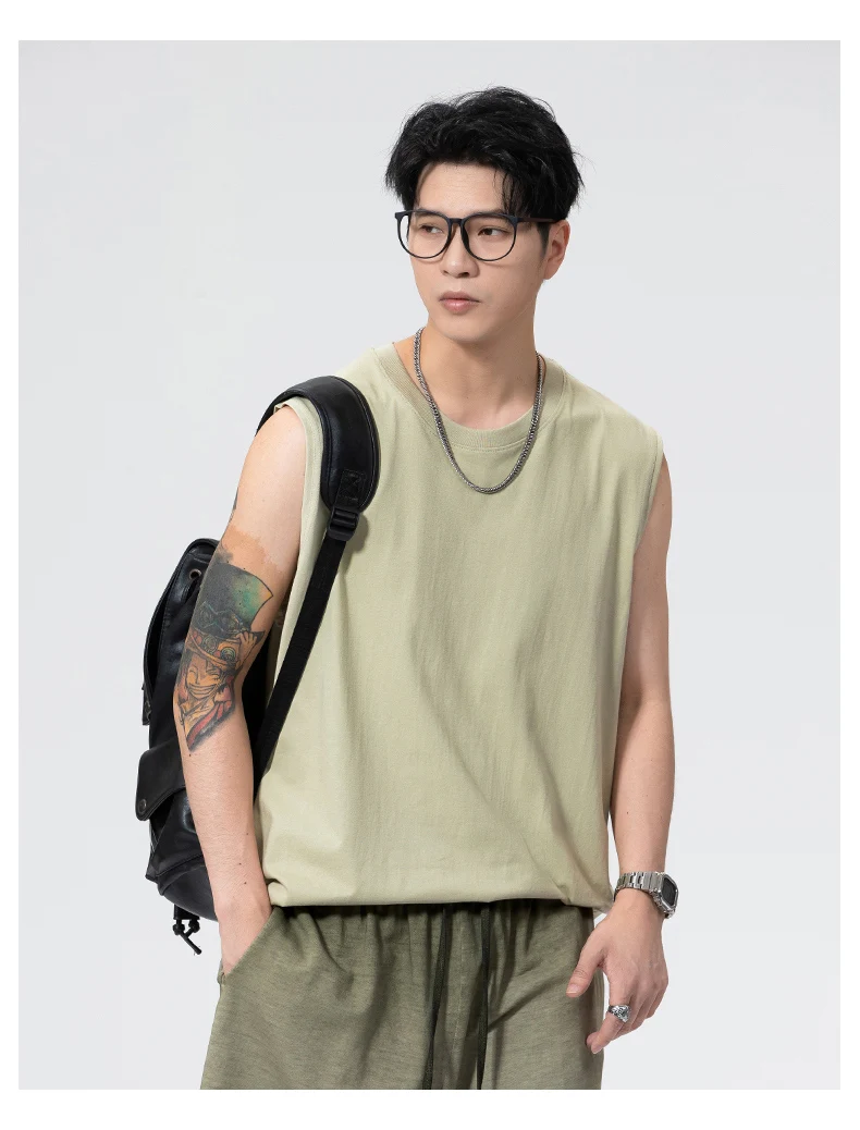 Heavyweight Cotton 220gsm Gym T-shirt Man Sleeveless Vest Breathable Durable Workout Tanktop Casual Summer Basic Fitness Tee