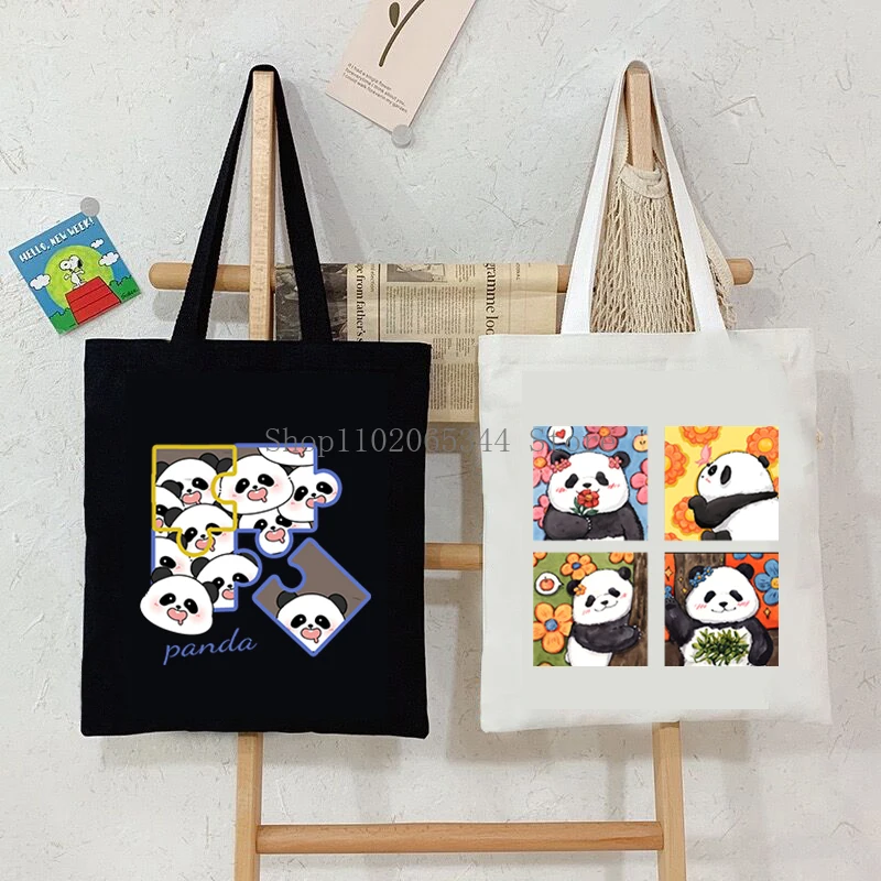 1 Pcs Cute Panda Ladies Handbag China Hua Hua Panda Lover Canvas Shoulder Bag Eco Large Capacity Teen and Women Cartoon Tote Bag 