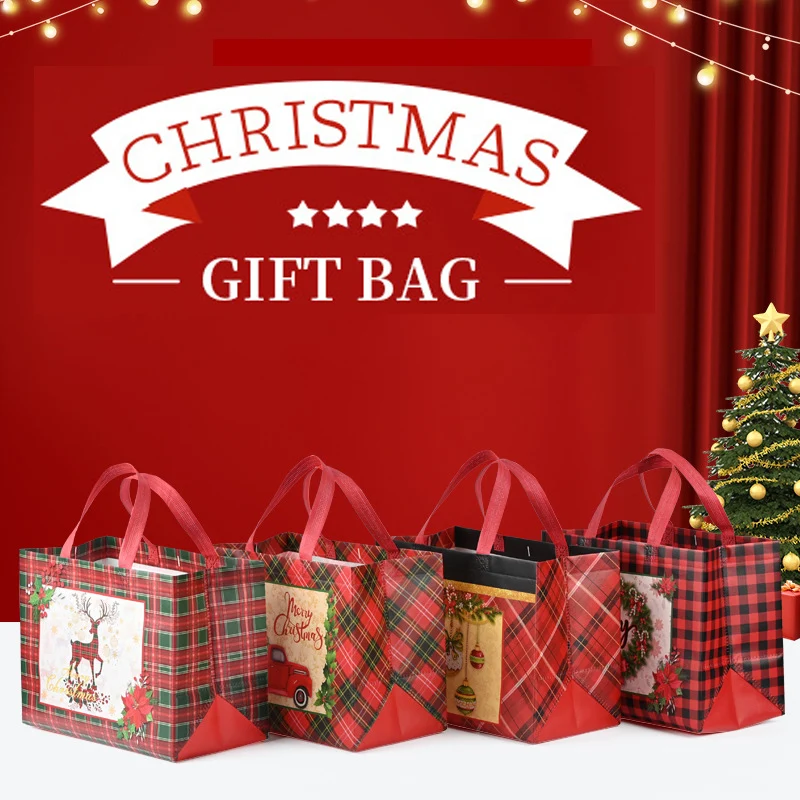 Reusable Plaid Christmas Gift Handbags Non-Woven Eco Handbag Women Folds Large Capacity Tote Shopping Storage Organizer Bags