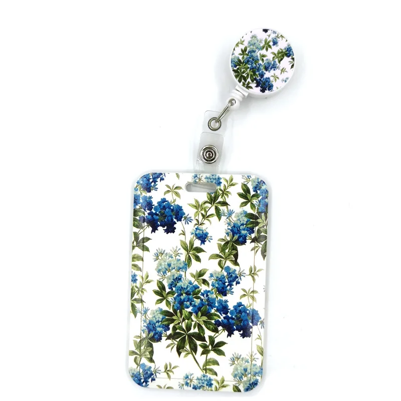 Blue Green Flowers ID Retractable Badge Holder Reel ID Badge Holder Clip Key Ring for Name Card Keychain Nurse Work Decoration