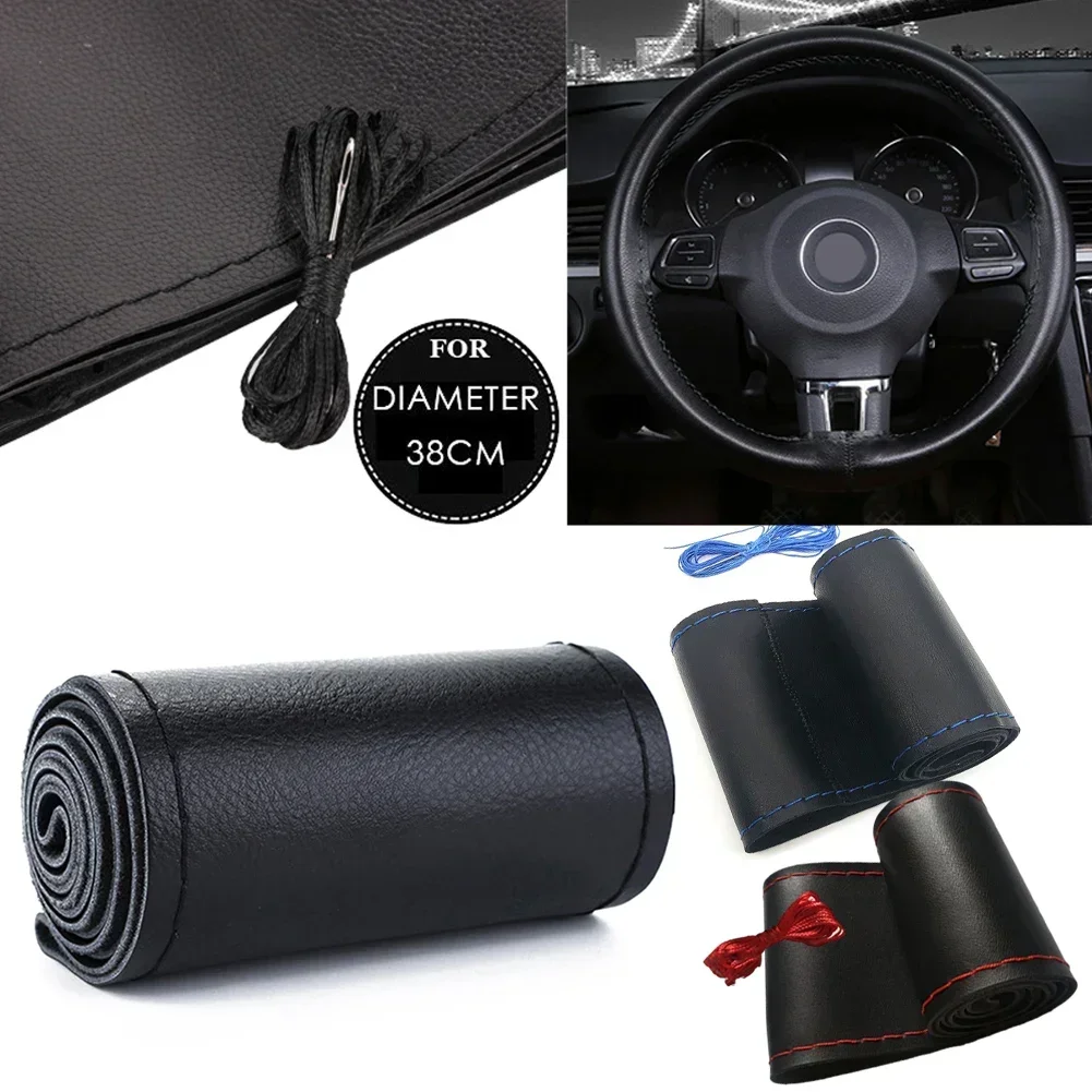 38CM Steering Wheel Cover Top Leather Needles And Thread Soft Non-slip Auto Interior Accessories Kits ​absorbent And Breathable