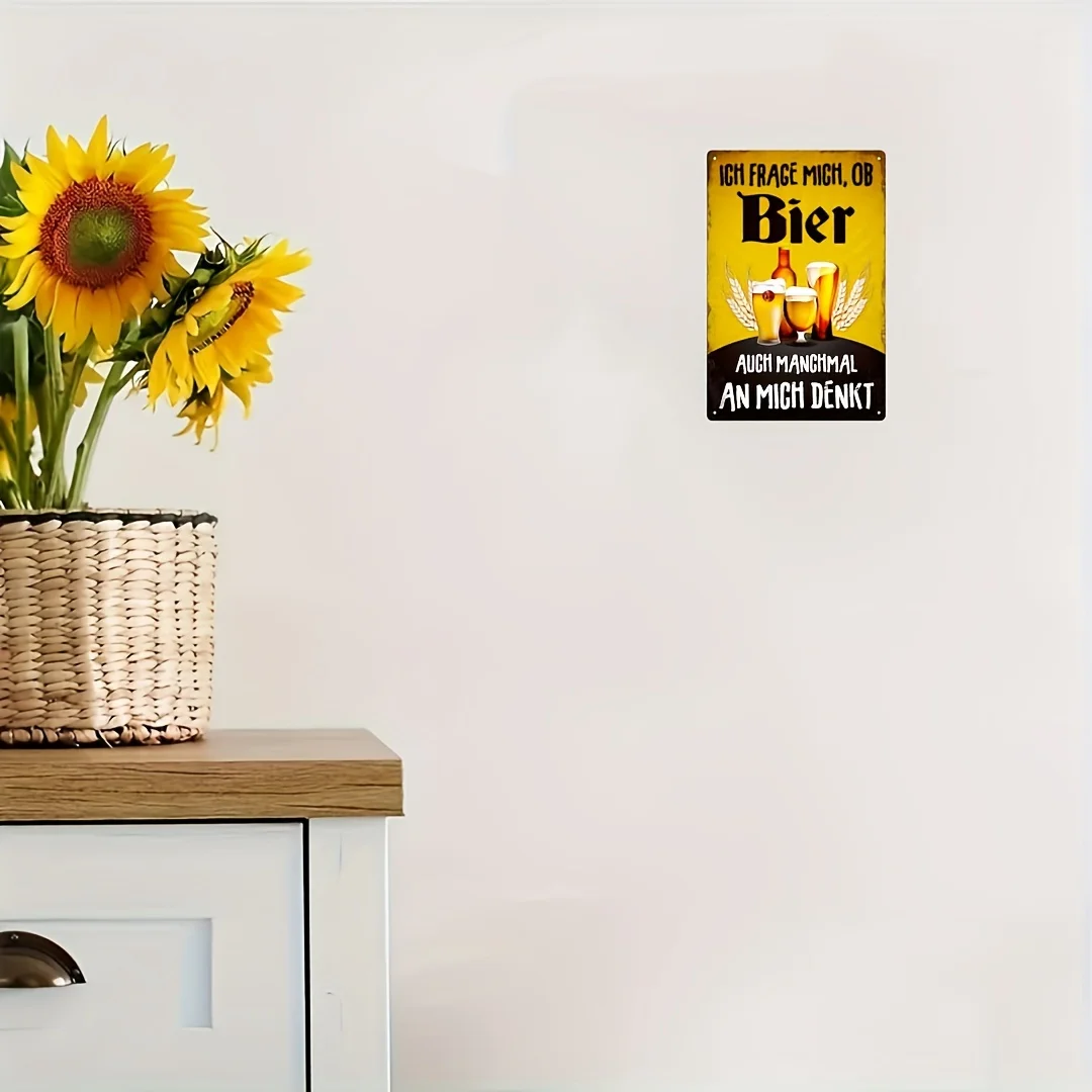 Vintage German Beer Quote Metal Tin Sign (12x8 inches) - Retro Wall Art with Beer Mug and Winged Design, Perfect for Home Decor