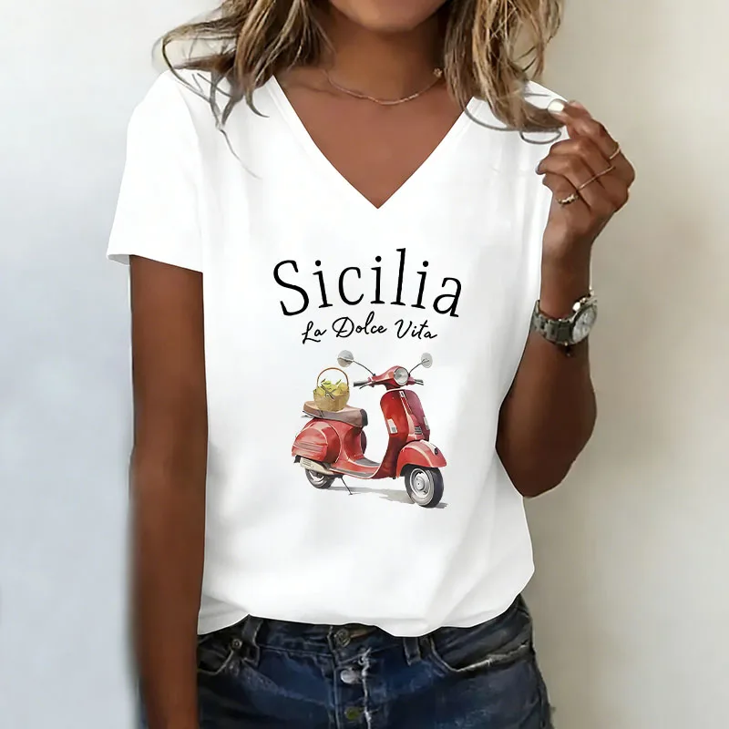 La Dolce Vita T-shirt V Neck Casual Fashion  T Shirts Women Short Sleeve Tee Shirt V-Neck Summer Spring Shirt