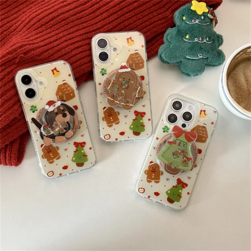 

3D Quicksand Cartoon cute christmas magnetic case for iphone 16 promax 15pro 14 13 Gingerbread Man puppy stand holder phone case