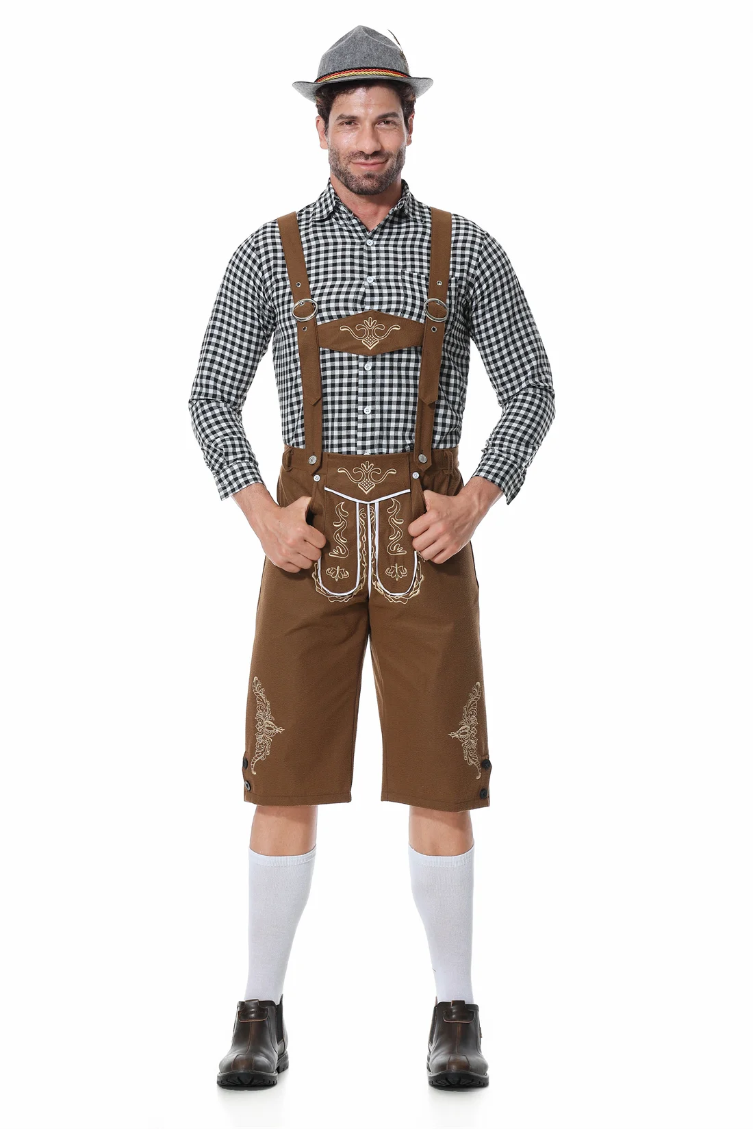 Oktoberfest Kostüm für Herren 3 stücke Set Hut und kariertes Hemd und Hosenträger Lederhosen bayerischen Karneval Halloween Cosplay Outfit