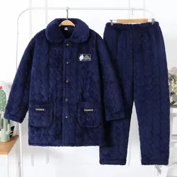 Men's Pajamas Outfit Autumn Winter Male 3-layer Thick Plush Coral Velvet Cotton Insulation Middle Age Elderly Dad Sleepwear Set