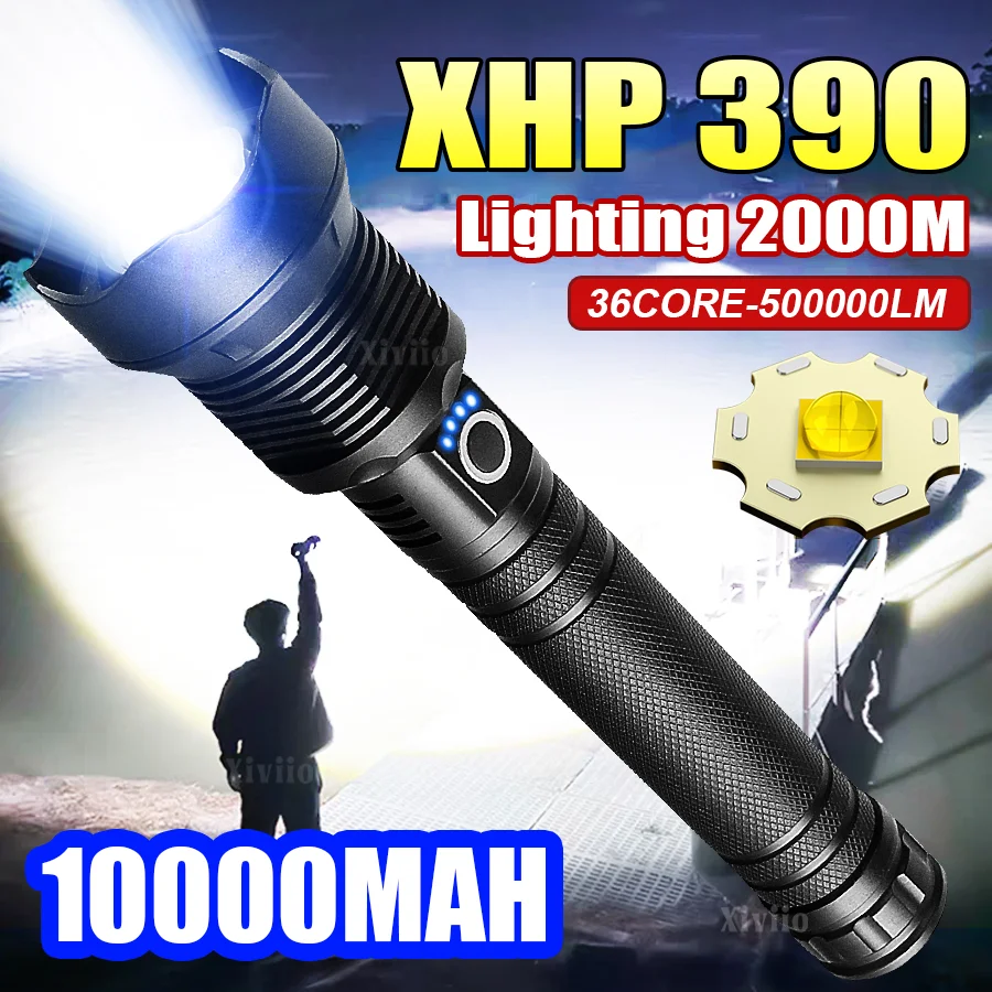 عالية الطاقة XHP390 مصباح يدوي 10000mah قابلة للشحن مشرق ضوء ضوء فلاش فانوس تكتيكي في الهواء الطلق الشعلة للمشي لمسافات طويلة التخييم