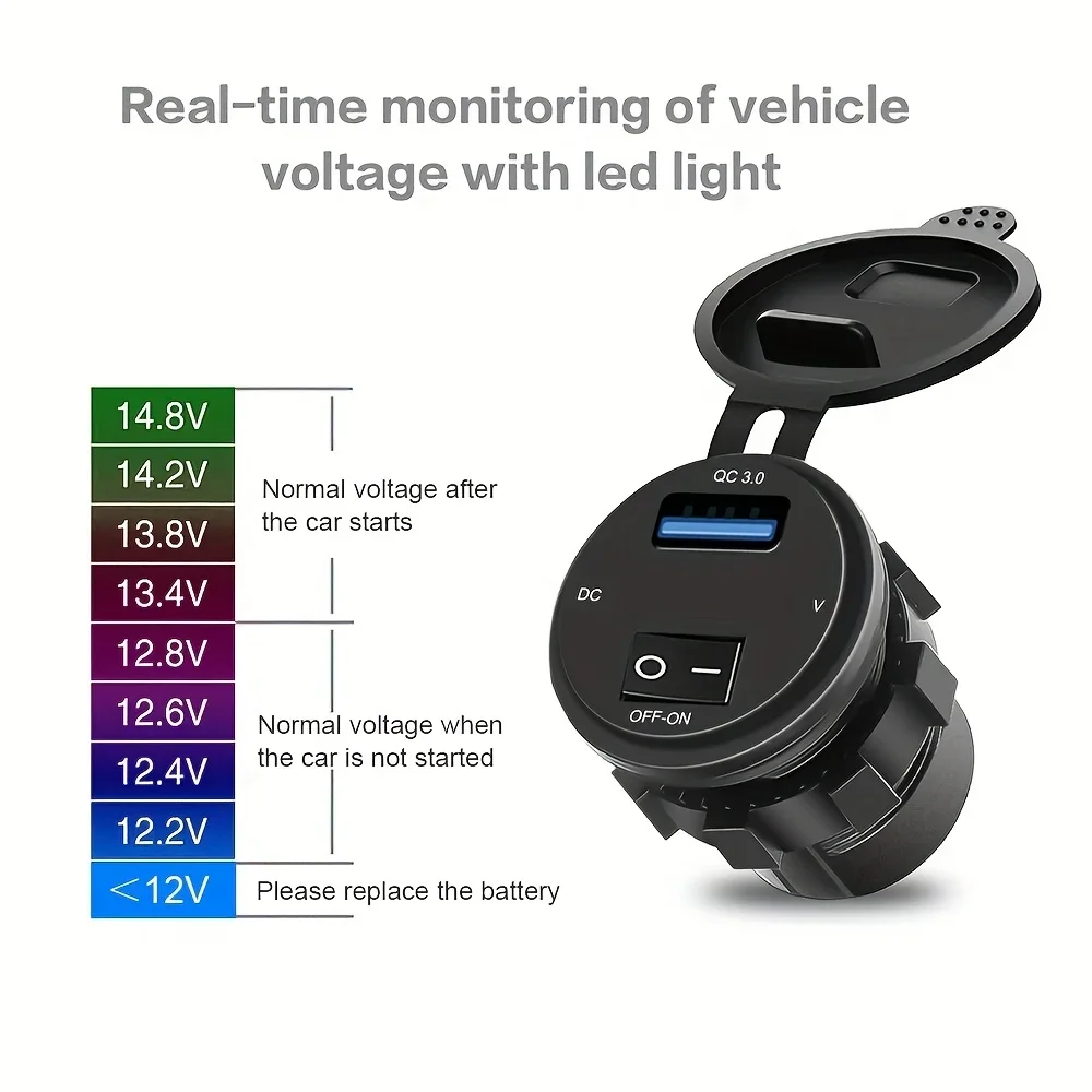 QC3.0 USB carro carregamento soquete com interruptor, Digital Display voltímetro, soquete impermeável, adequado para carros, motos, barcos