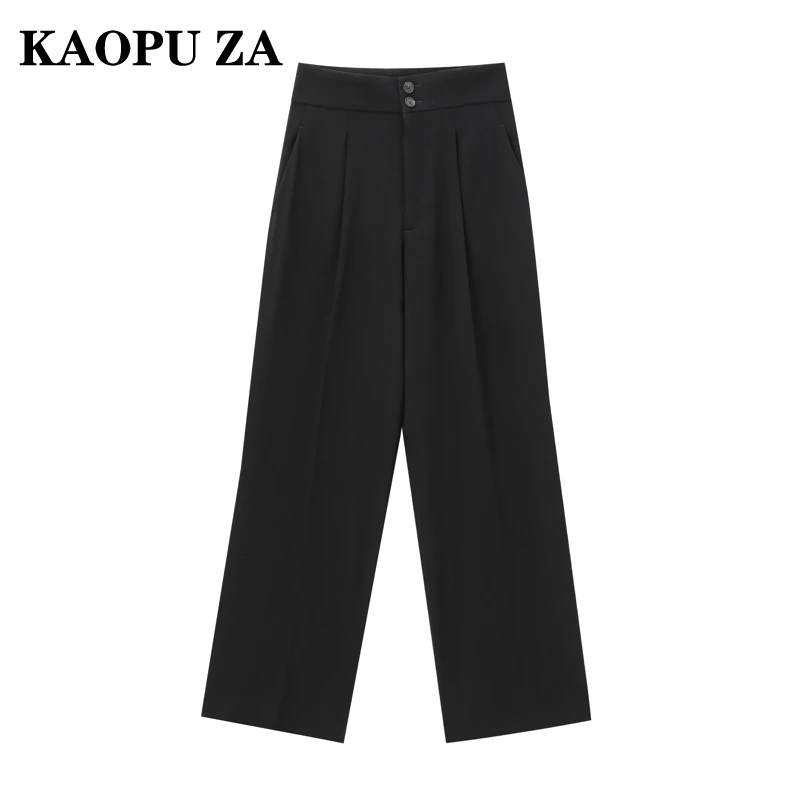 KAOPU ZA Woman's 2024 New Autumn Commuting Fashion Ruffles Button Long Pants Women Clothing Casual Solid Color Wide Leg Pants