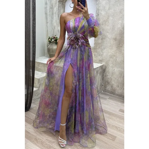Vestido de malla de manga larga con hombros descubiertos para mujer, vestido informal, cuello inclinado, cintura de flores, fiesta de vacaciones, moda de verano