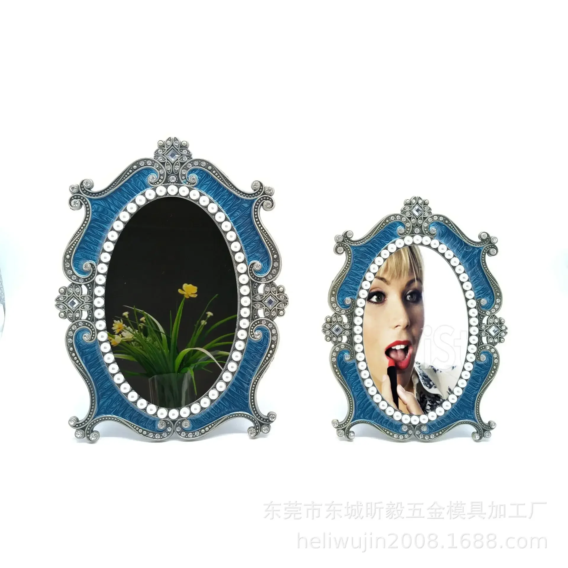 A Blue pearl diamond metal frame mirror, princess mirror. Simple and fashionable