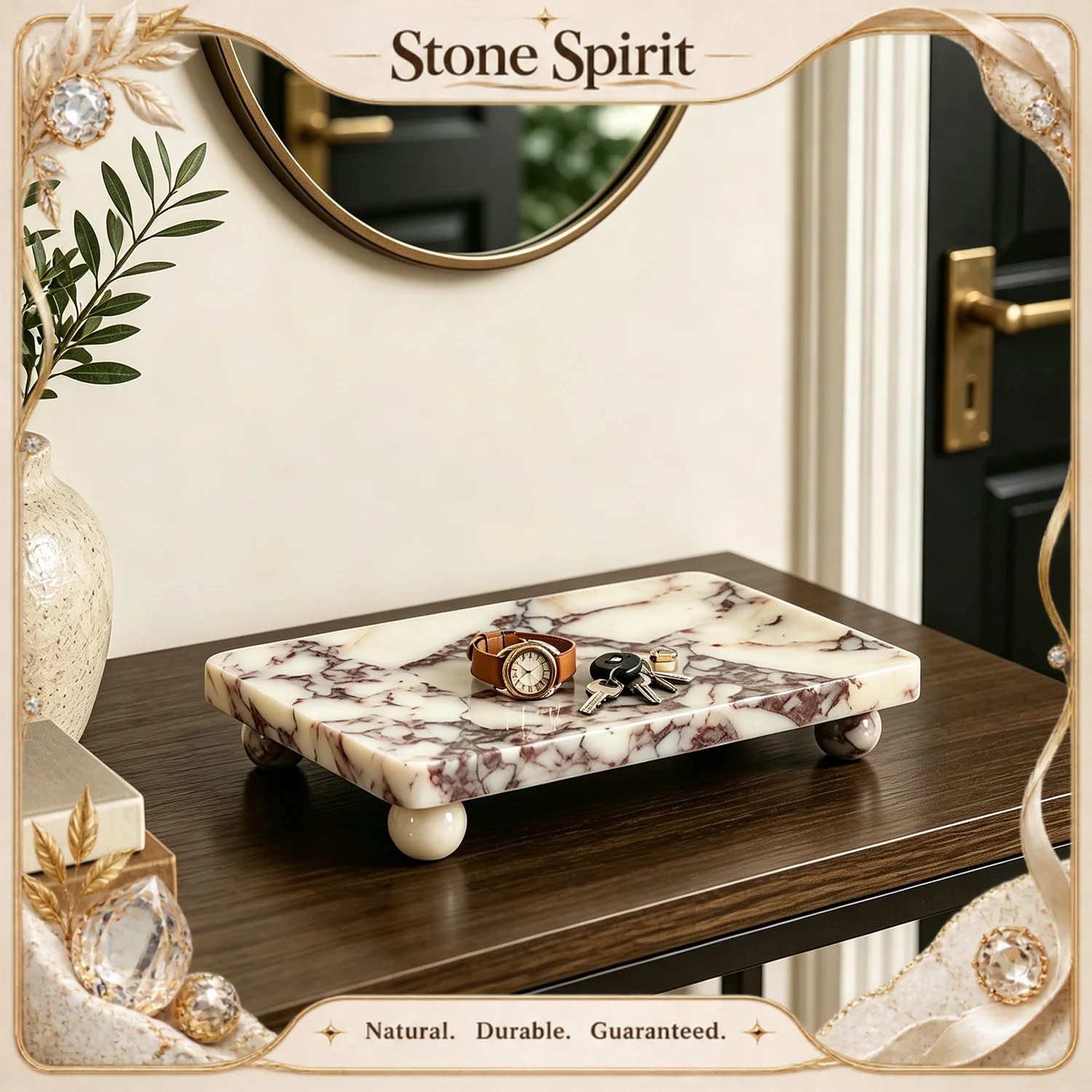 【Natural】Calacatta Viola Marble Vanity Tray with Ball Feet Decorative Tray for Bathroom Kitchen Countertop Entryway Home Decor