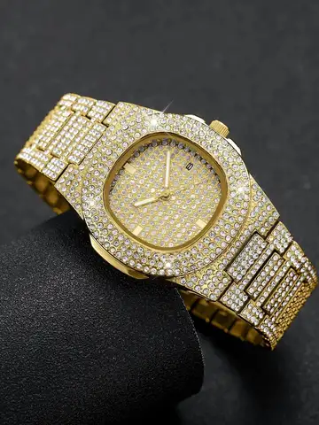 Luxury Full Diamond Men's Stainless Steel Watches Male Sports Quartz Wristwatch with Calendar