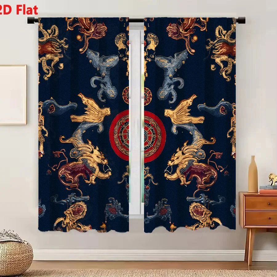 2Pcs Curtains 2D Flat Richly Detailed Symmetrical Textile Pattern With Red Medallion And Mythical Creatures On Deep Navy Blue Ba