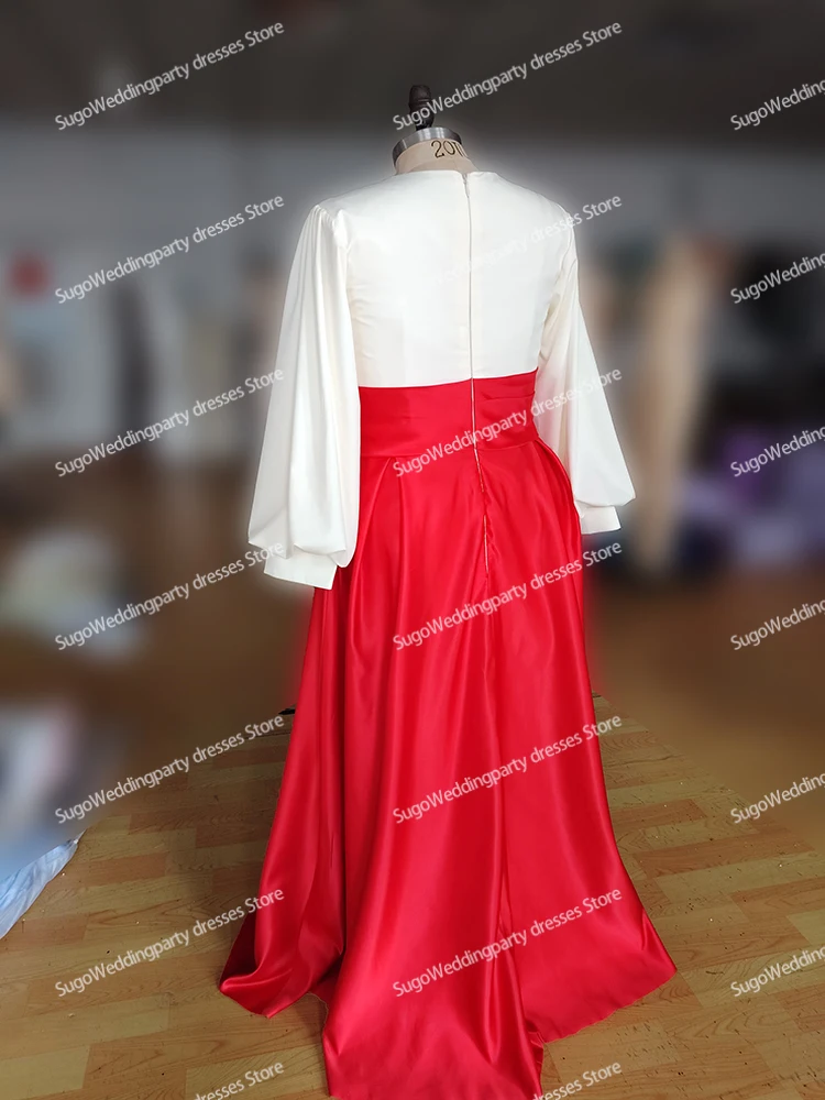 A-Line Evening Gown Formal Red Green Dresses Long Sleeve V Neck Satin with Pleats Slit 2024 customized