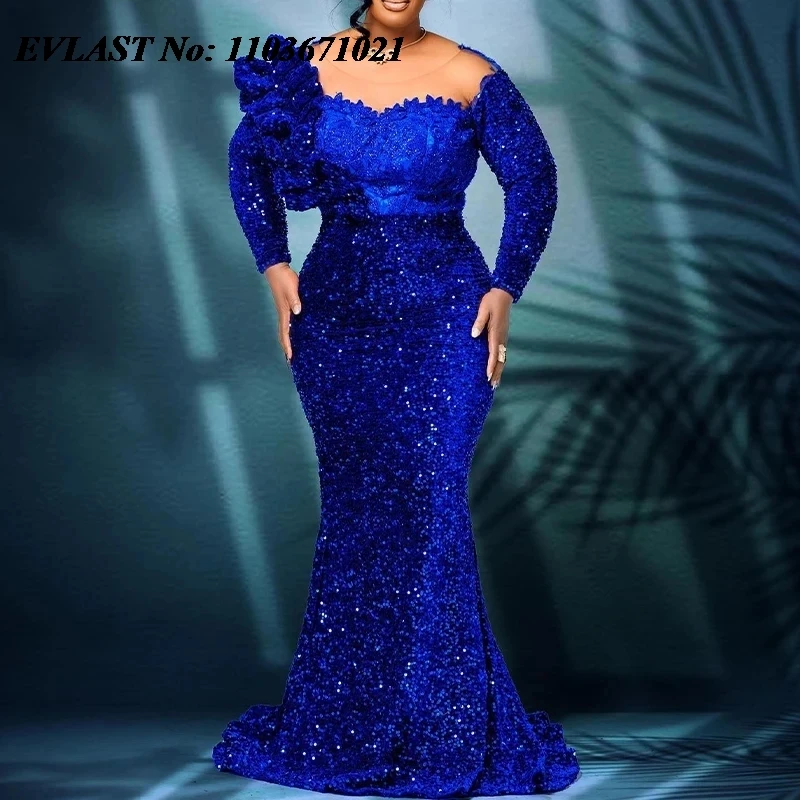 Evolt personalizado azul real lantejoulas africano vestido de noite preto feminino nigeriano vestido de festa lantejoulas sereia vestido de baile p163