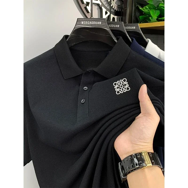 

2025 New Casual Trend Summer Embroidered T-shirt Top Slit Men's Lapel Short-sleeved T-shirt POLO Shirt
