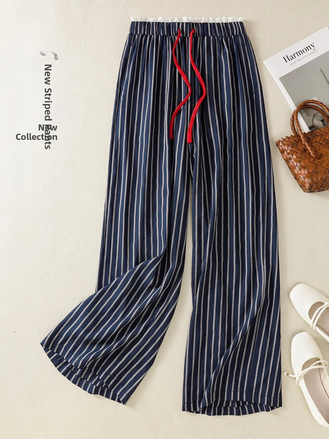 夏の新作ハイウエストコットンストライプワイドレッグパンツ レディースカジュアルレースフックフラワーストレートレッグパンツ 多用途ウォーキングパンツ
