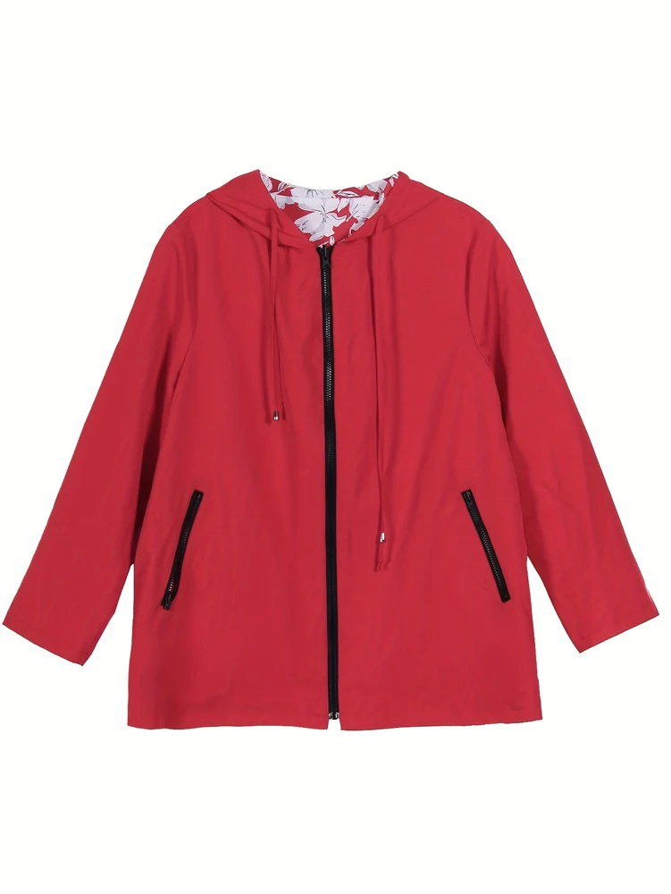 Übergrößen-Damen-Herbstjacke mit Kapuze, Wendbare bedruckte Freizeitjacke mit Taschen, Street-Style, Größen 1XL–4XL, Outfit-Ideen – Detail 7