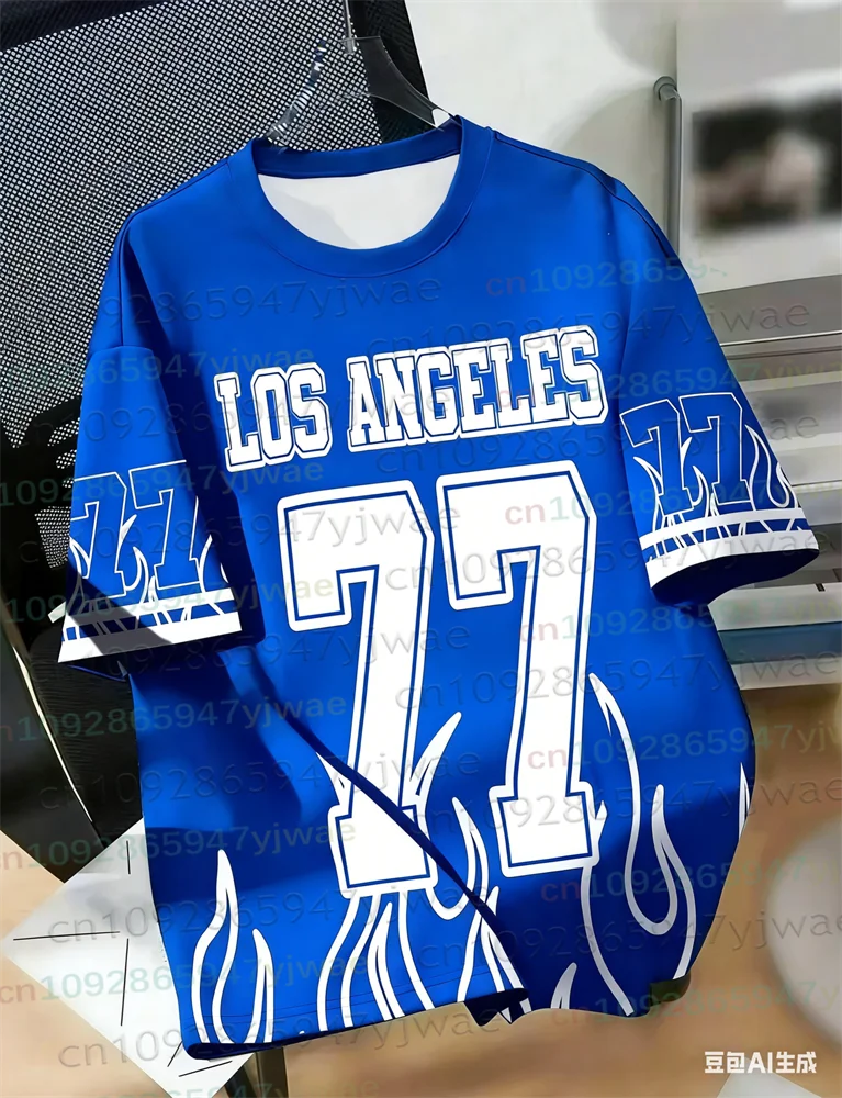 Los Angeles 77 Football Jersey Men's Summer Casual Breathable Round Neck Tee Flame Color 3D Print Streetwear Unisex Beach Tshirt view 4