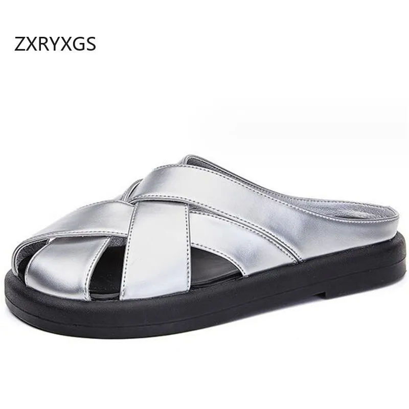 

ZXRYXGS Superior Patent Leather Weave Round Toe Outer Wear Slippers Flat Shoes 2024 New Summer Women Slippers Fashion Sandals