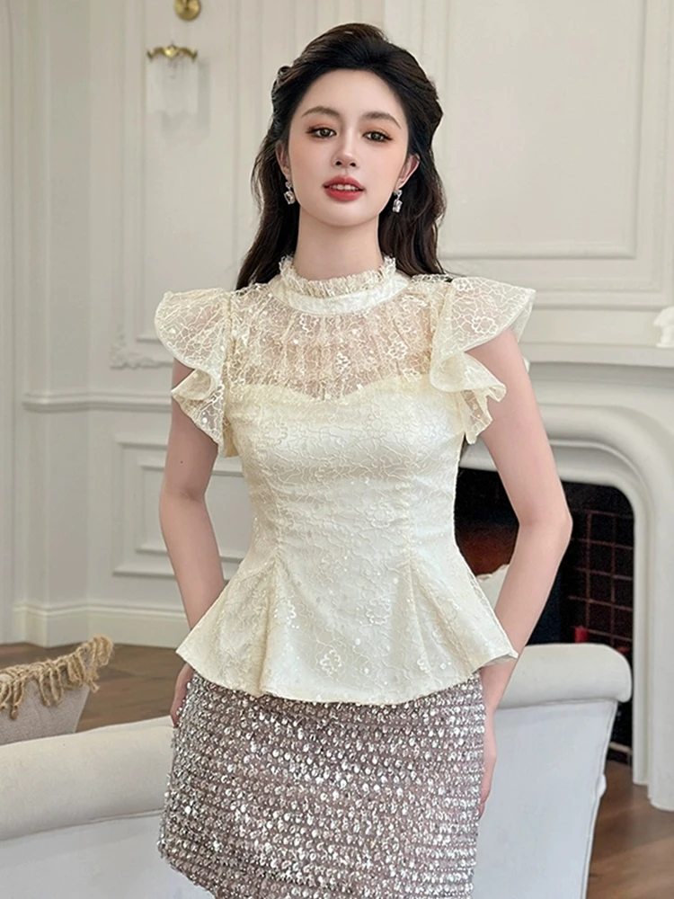 

Elegant Gentle Sheer Lace Peplum Tops Women's Shiny Sequin Formal Party Blouse Female Date Night Out Club T-shirt Lady Clothes