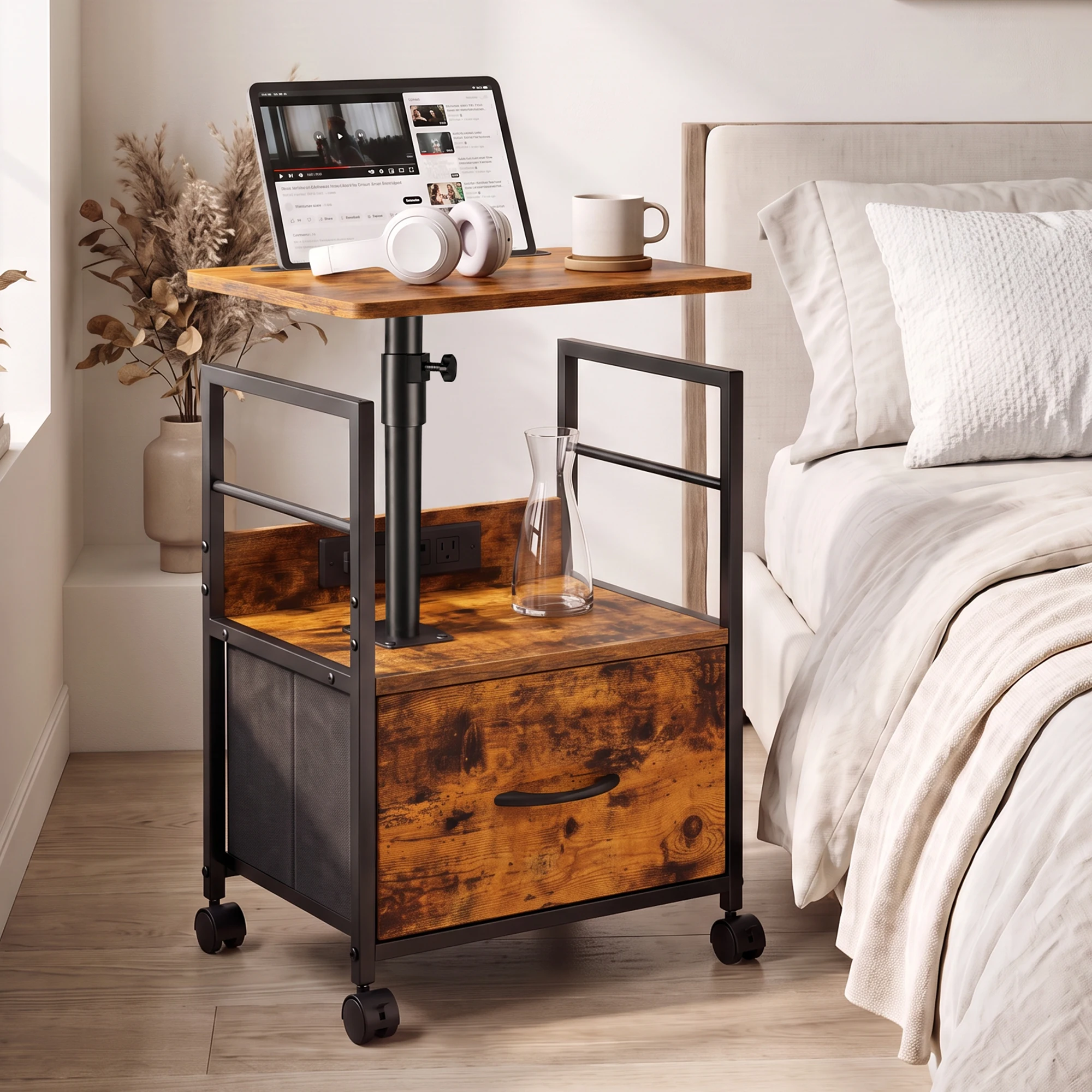 Swivel Lift Top Nightstand With Charging Station, 360° Adjustable Bedside Table With USB Ports, AC Outlets, Drawer & Wheels