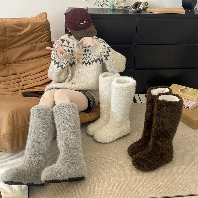 

Fur Lining Women Flats Snow Boots Comfort Round Toe Height Increase Keep Warm Cotton Long Booties Winter Women's Plush Shoes