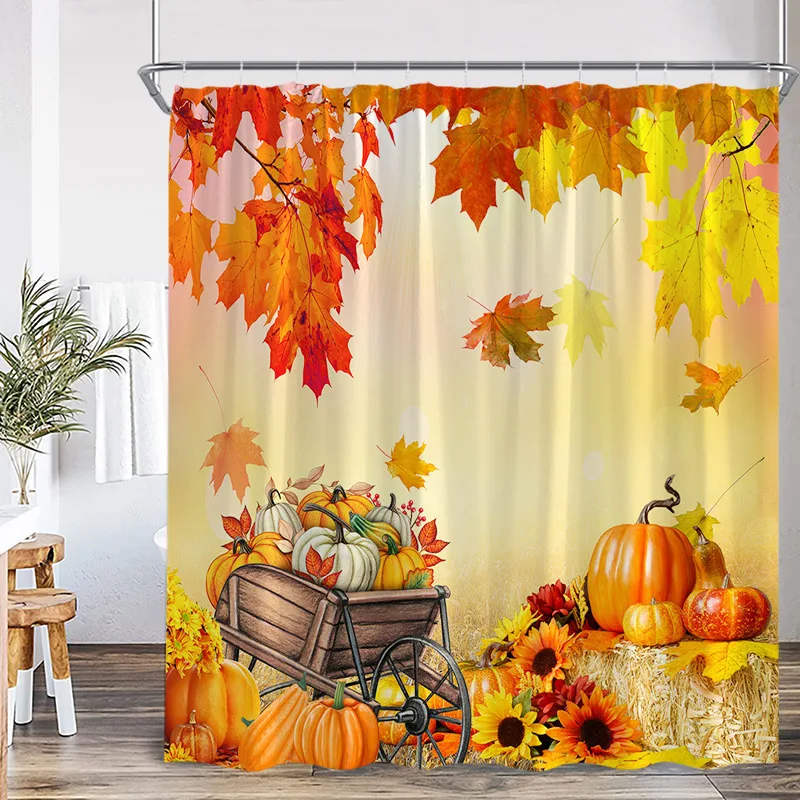 Autumn Shower Curtains Red Maple Leaves Squirrel Sunflower Fall Scenery Polyester Fabric Home Bathroom Curtain Decor With Hooks