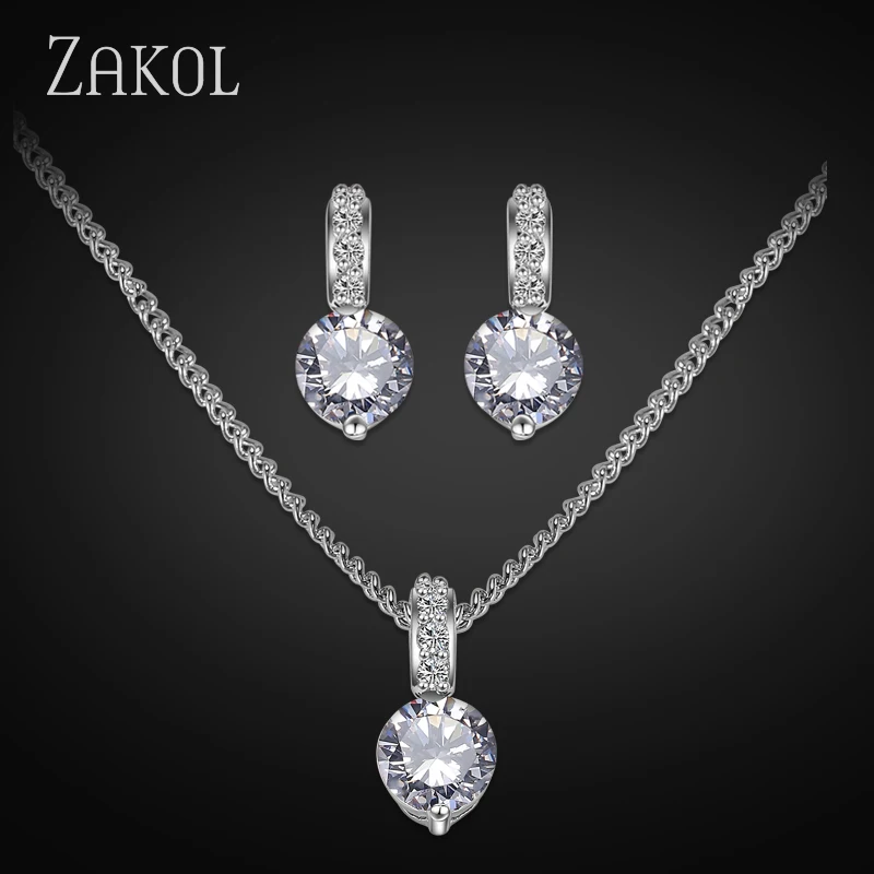 Elegant Bridal Wedding Jewelry Sets Female Round Clear Crystal Zirconia Pendant Necklace Earrings Party Jewellery for Women