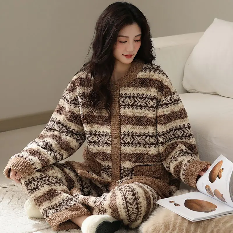 

Домашняя одежда Fair Isle, зимние женские пижамы, сохраняющие тепло, новая носимая верхняя одежда, комплект ночного белья из кораллового флиса, утепленная одежда для сна
