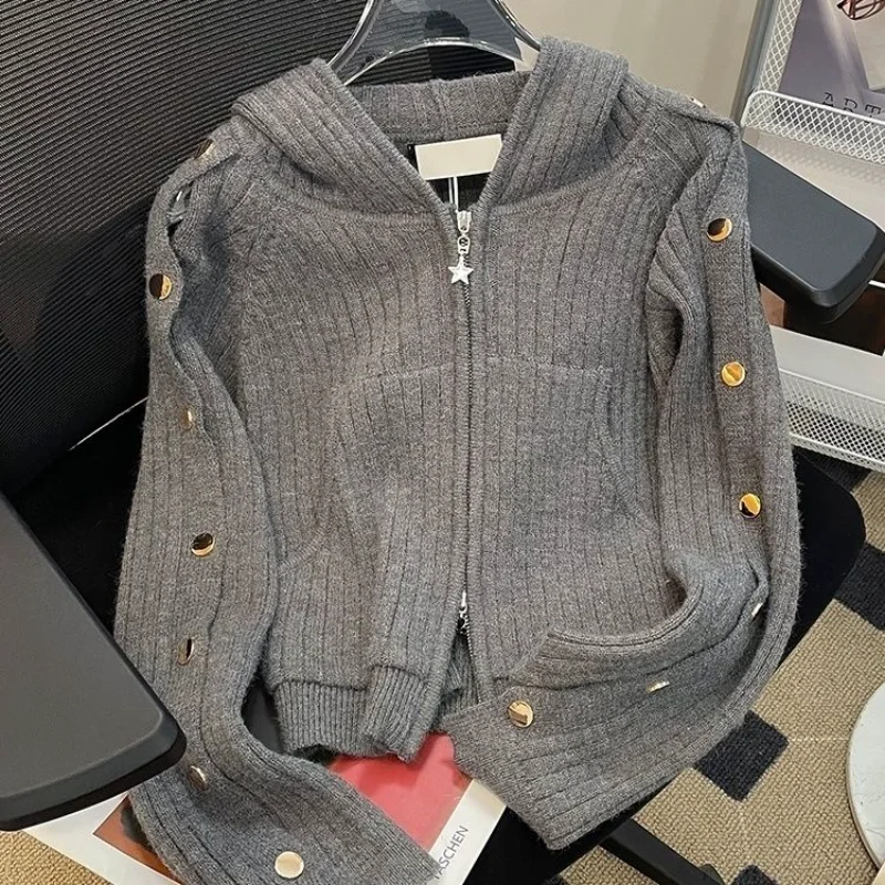 

Women's New Autumn And Winter Double Zipper Hooded Short Knit Cardigan Coat Retro Casual Sweater Trendy