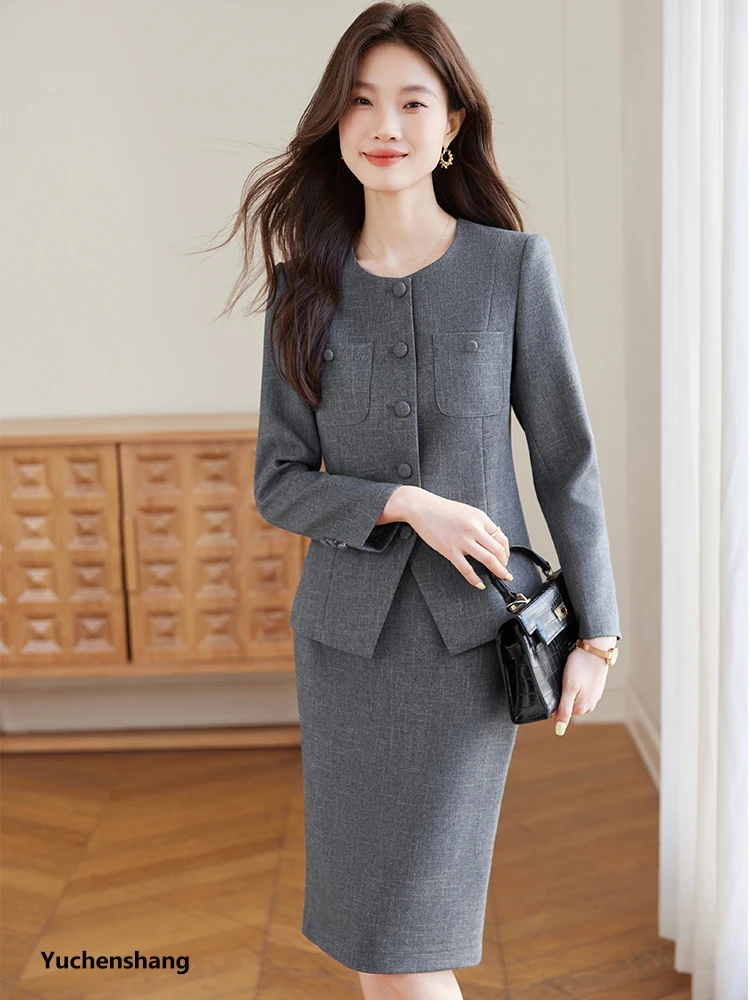 أزياء المرأة العمل السترة تنورة دعوى السيدات الأخضر الكاكي الرمادي الإناث الرسمية قطعتين مجموعة لربيع الخريف الشتاء #3