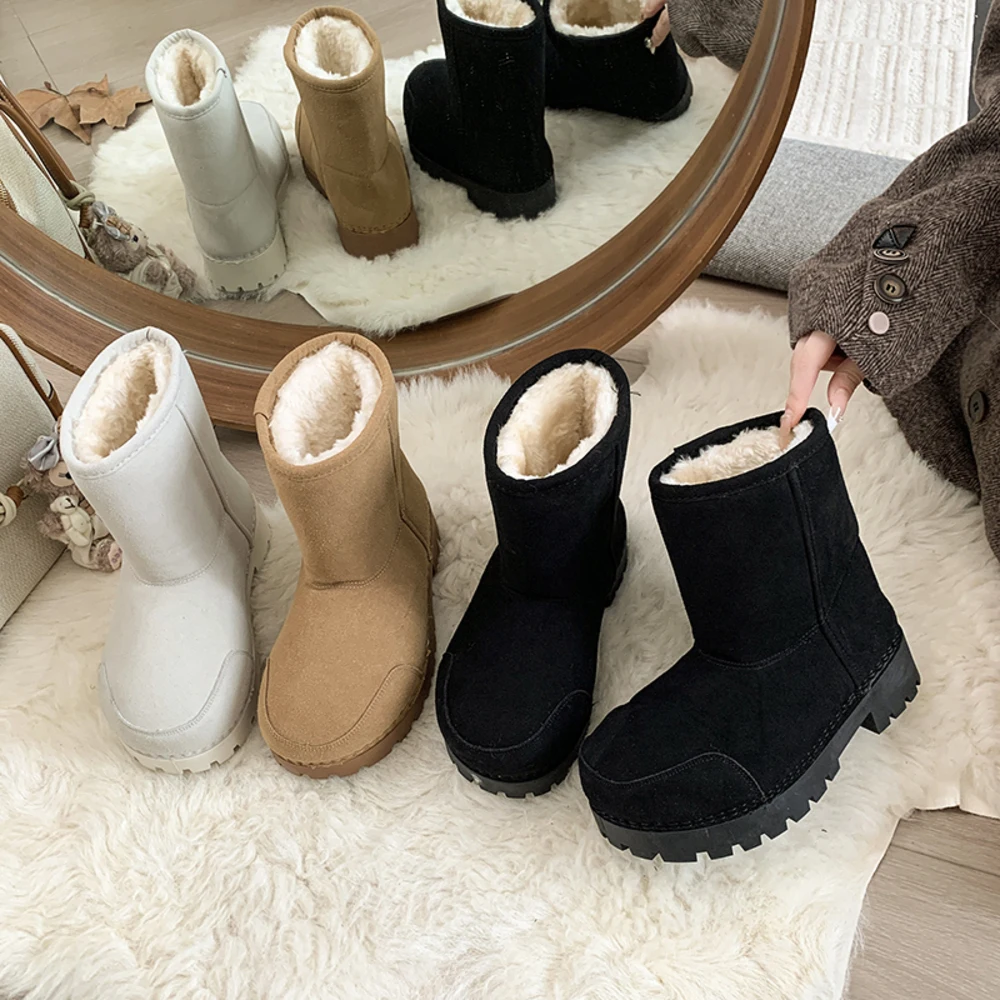 

Brand Design Big Head Snow Boots Thick Sole Platform Warm Short Boots Women Snow Cotton Boots Leather Fur Long Boots Large Sizes