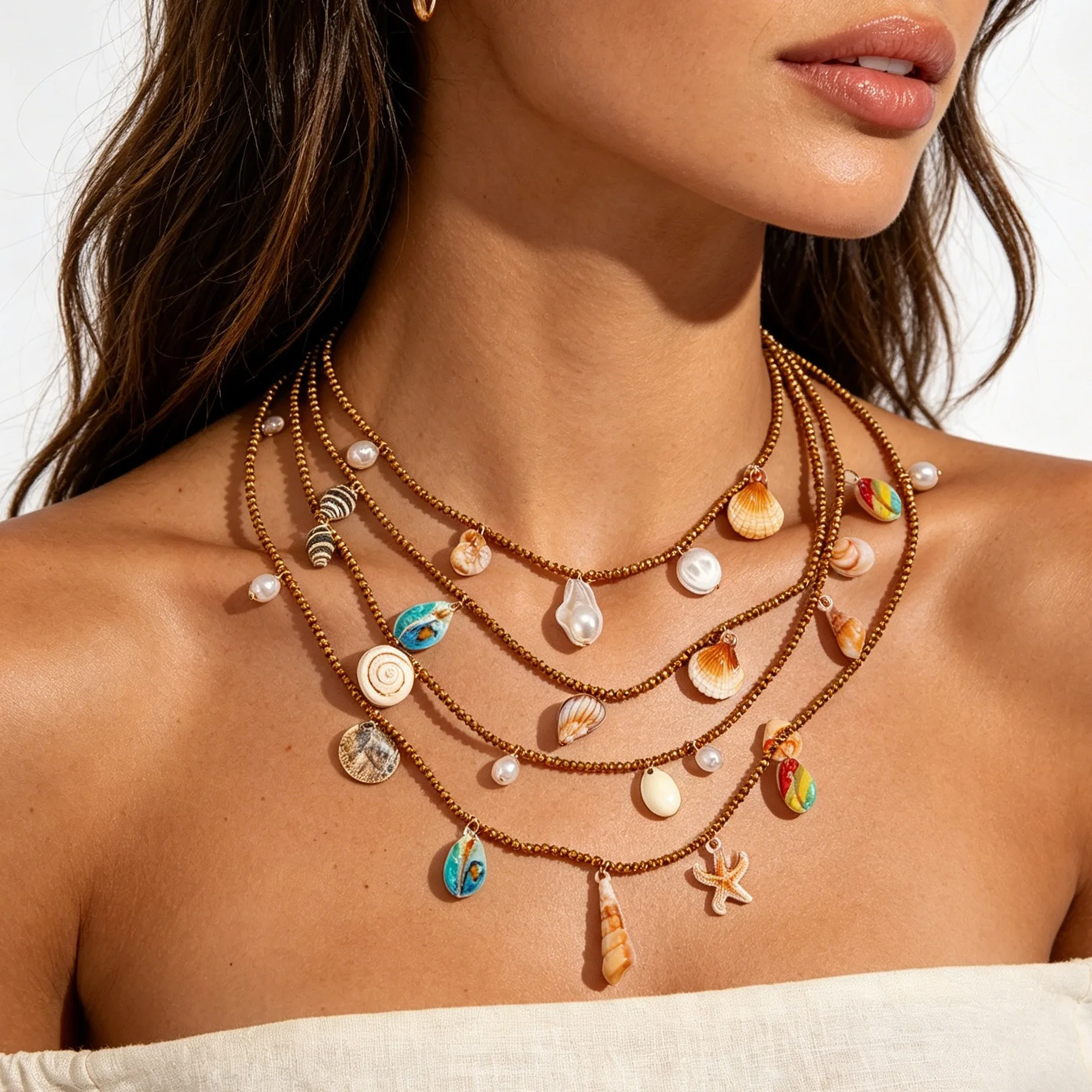 Conch Shell Starfish Pendant Necklace Handmade Weaving For Women Exaggerated Summer Beach Vacation Style Layered Clavicle Chain
