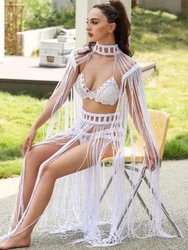Leosoxs-Bikini tejido a mano con borlas y ganchillo para mujer, traje de baño para vacaciones de verano y playa, faldas caladas sexys, conjunto a juego