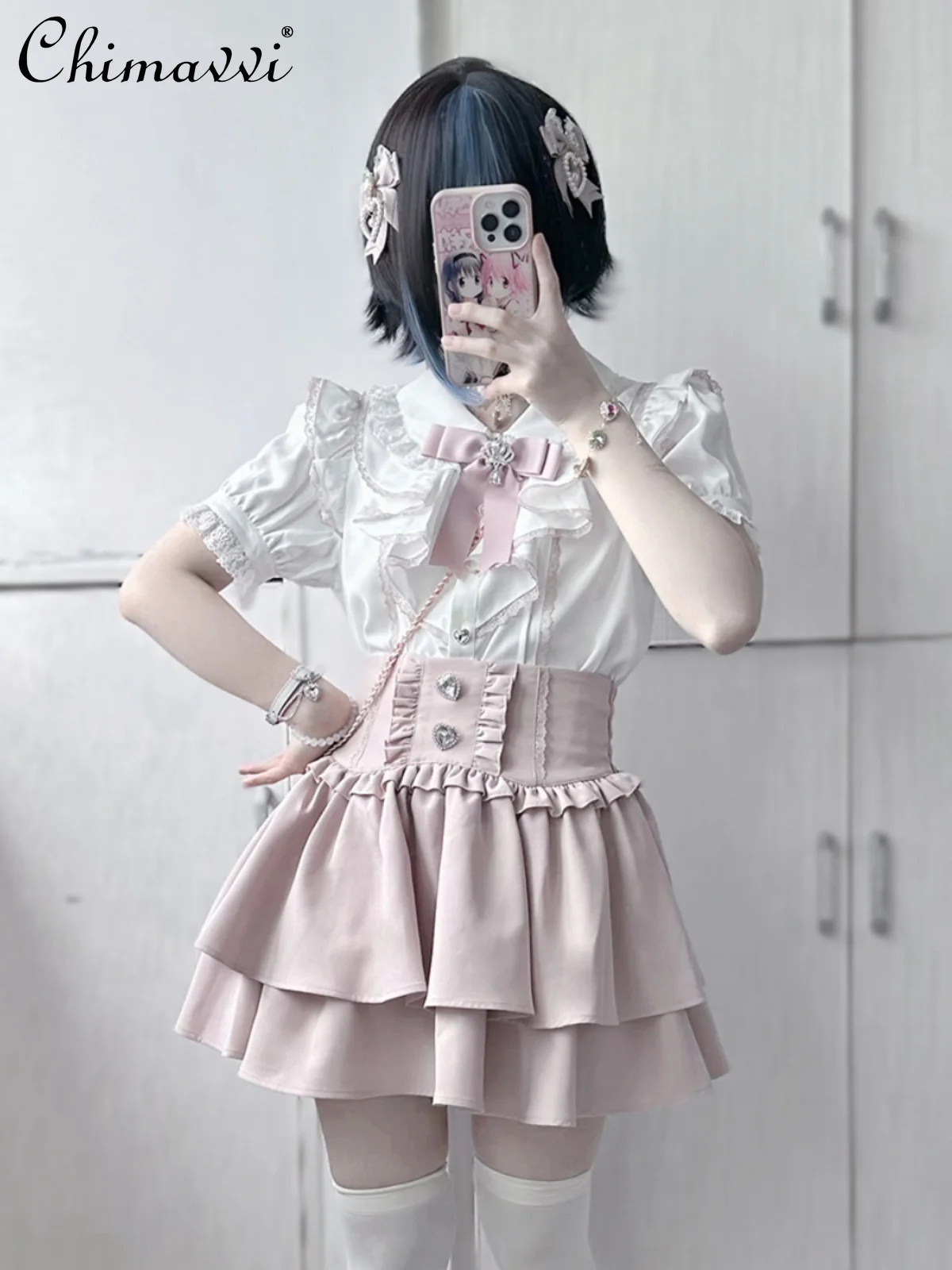 Sweet Lace Stitching Flying Sleeve Lolita Shirt Summer Japanese Mine Series Mass-Produced Girl Short Sleeve Blouse Womens Top