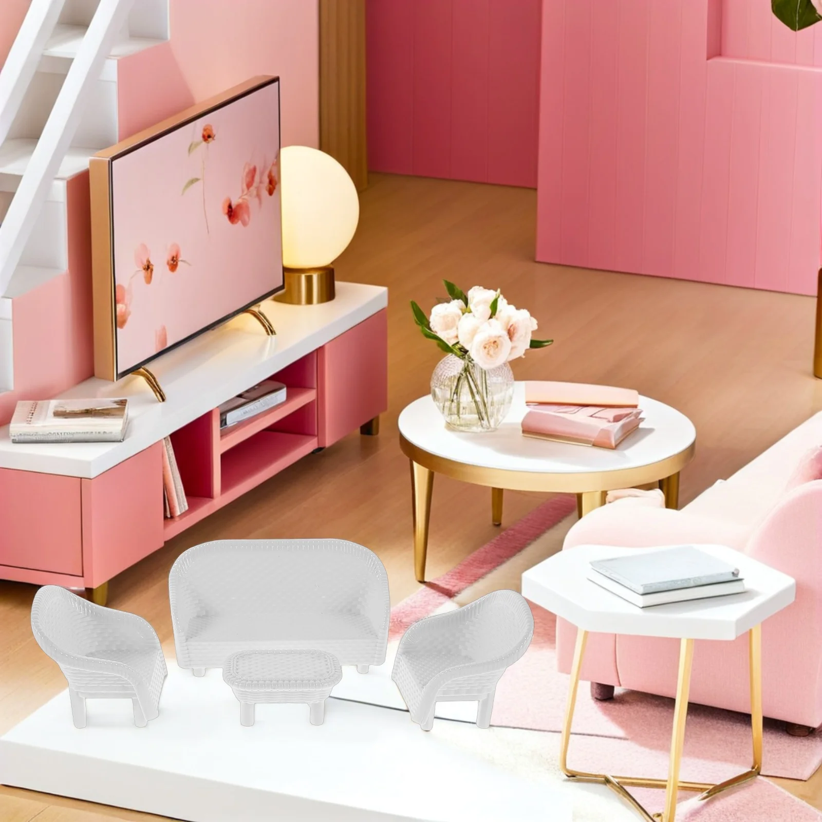 

3Sets White Miniature Dollhouse Furniture Plastic Sofa Table Chair Models Pretend Play Fairy Garden Sand Table Accessories