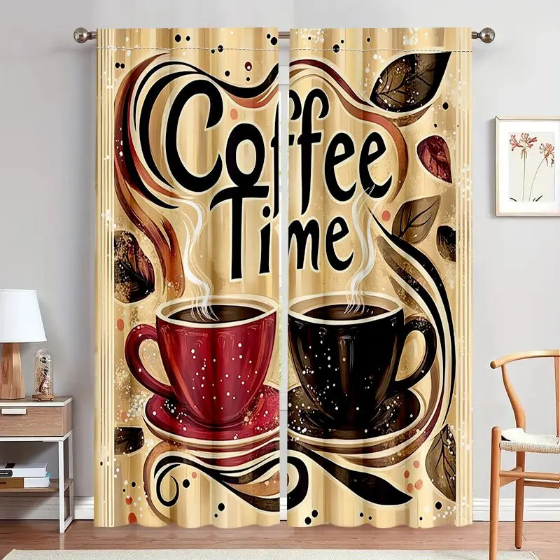 Coffee Time Curtain, Vintage Coffee Cup & Bean Print Drape, Cafe Style Window Treatment for Kitchen Dining Room Home Decor