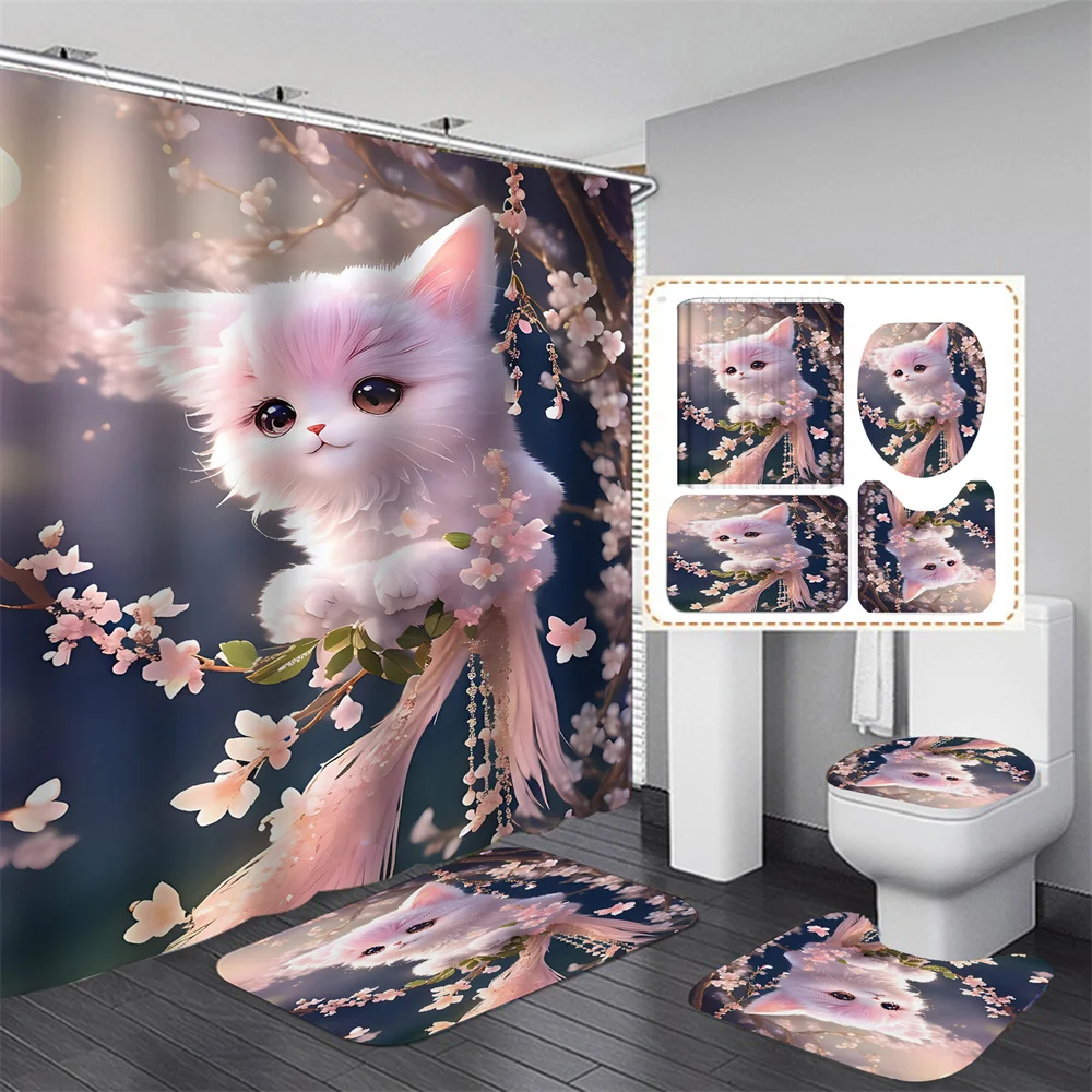 

Cartoon Bathroom Shower Curtain set Cute animal cat non-slip Carpet Foot mat Toilet Seat mat Home Decor