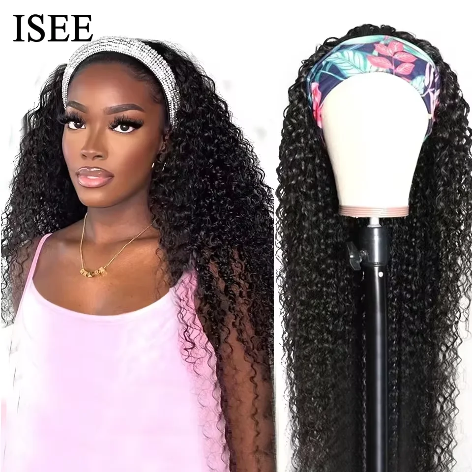 Kinky Curly Women's Headband Wig ISEE HAIR Scarf Wig Brazilian Human Hair Wig Sale Deep Curly Headband Wig Natural Hair No GLUE