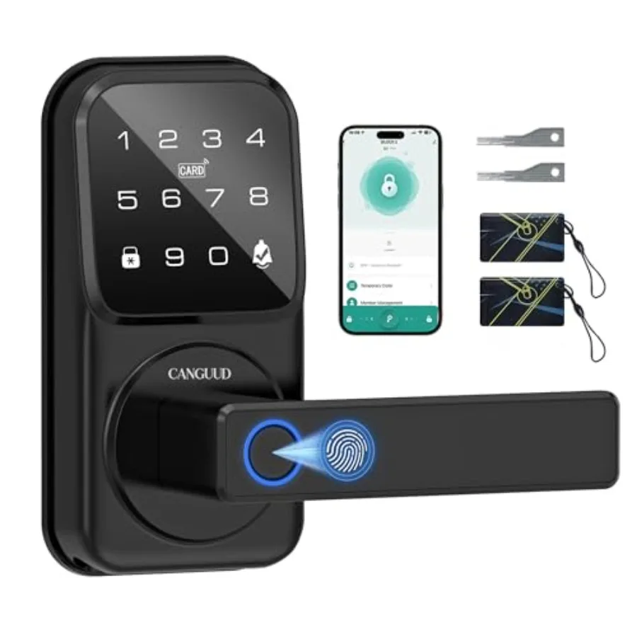 Front door smart lock with handle: stainless steel, black, keyless entry via touchscreen keypad, fingerprint sensor, auto-lock,